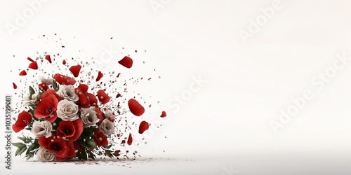 A dramatic image of a floral bouquet with red and white roses bursting apart into petals and leaves, creating a dynamic explosion effect, set against a white background