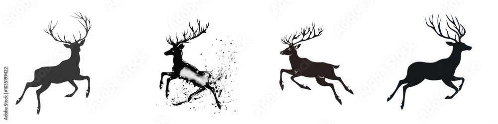 Obraz premium Dramatic Deer Silhouette Jumping and Running in Black and White Stylized Minimalist of a Stag Leaping in the Forest with Antlers Contrasted Against a Stark Background