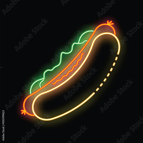 Neon sign illustrating a hot dog with mustard and relish glowing brightly against a dark backdrop