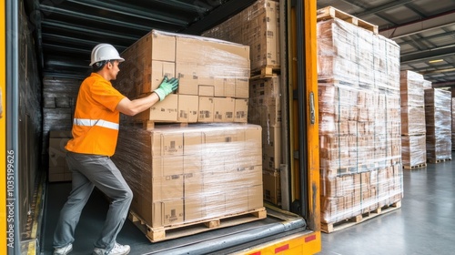 Truck driver unloading cargo from a semi-truck at a distribution hub, teamwork, realistic detail