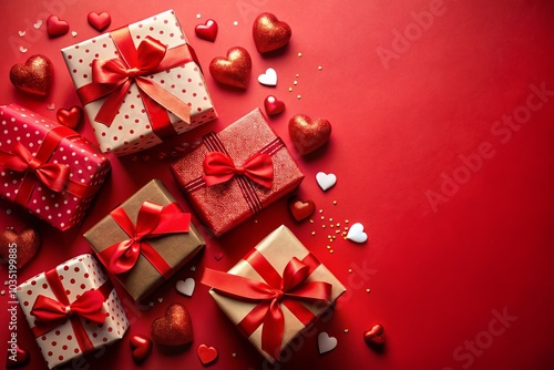 Celebrate love with a romantic red background adorned with gift boxes. Ideal for special occasions, heartfelt moments, surprises, and thoughtful gifts for your beloved.