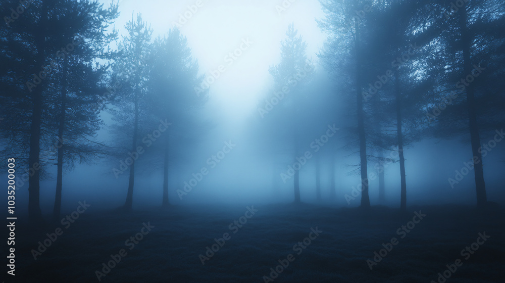 A fog-covered forest at twilight, with shadows that seem to move. A fog-covered forest at twilight, with shadows that seem to move.