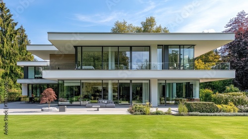 A modern luxury home with sleek architecture, large glass windows, and a beautiful garden, symbolizing high market value and profitable investment