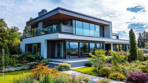 A modern luxury home with sleek architecture, large glass windows, and a beautiful garden, symbolizing high market value and profitable investment