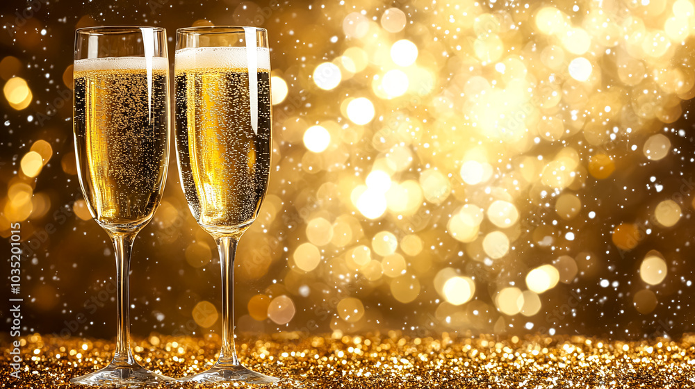 Glasses of champagne on bokeh background. New Year and Christmas Glasses of champagne on bokeh background. New Year and Christmas