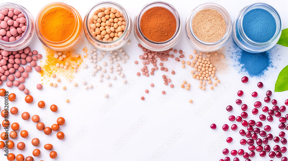 A vibrant collection of natural pigments and powders is displayed in clear jars, showcasing various colors. Scattered small beads in complementary hues add to the aesthetic A vibrant collection of natural pigments and powders is displayed in clear jars, showcasing various colors. Scattered small beads in complementary hues add to the aesthetic