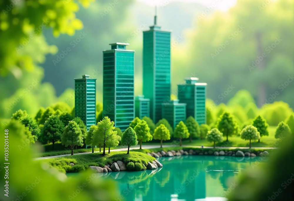 Obraz premium A miniature model of a green, eco-friendly city with skyscrapers, trees, and a body of water in the foreground