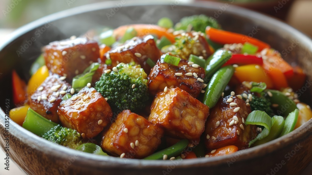 A savory stir-fry of golden tempe, sautéed with fresh vegetables like carrots, green beans, and bell peppers, seasoned with fragrant spices, creating a delicious and nutritious dish. A savory stir-fry of golden tempe, sautéed with fresh vegetables like carrots, green beans, and bell peppers, seasoned with fragrant spices, creating a delicious and nutritious dish.