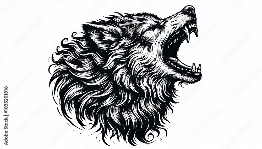Obraz premium fierce howling wolf growling with bared teeth. Tattoo design. Strength and wild nature sketch engraving.