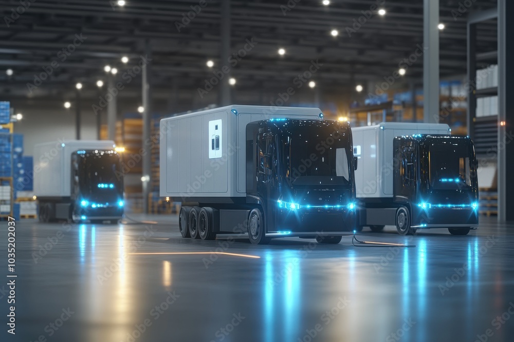 A fleet of electric delivery trucks charging at a logistics hub, sustainable transportation concept A fleet of electric delivery trucks charging at a logistics hub, sustainable transportation concept