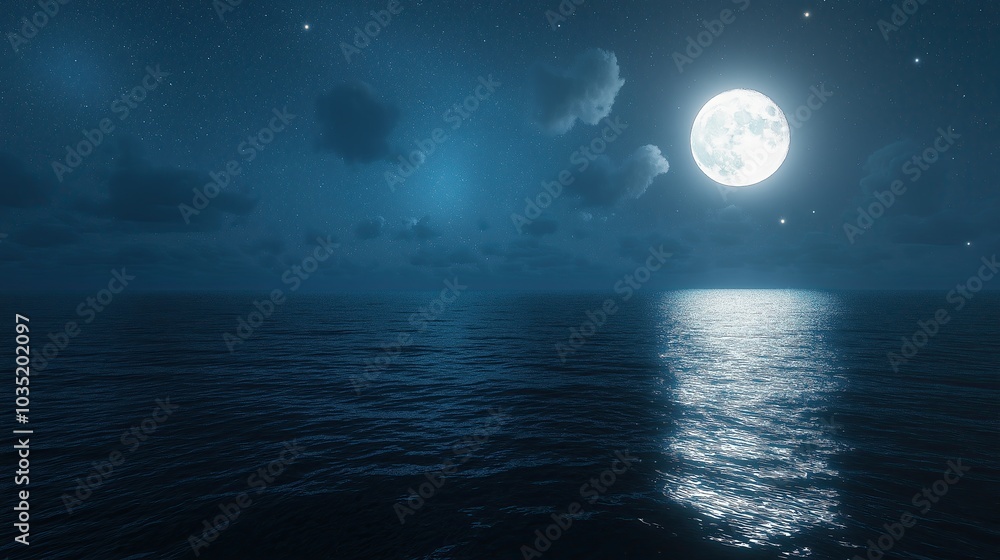 Naklejka premium Moonlight glowing over calm sea water.
