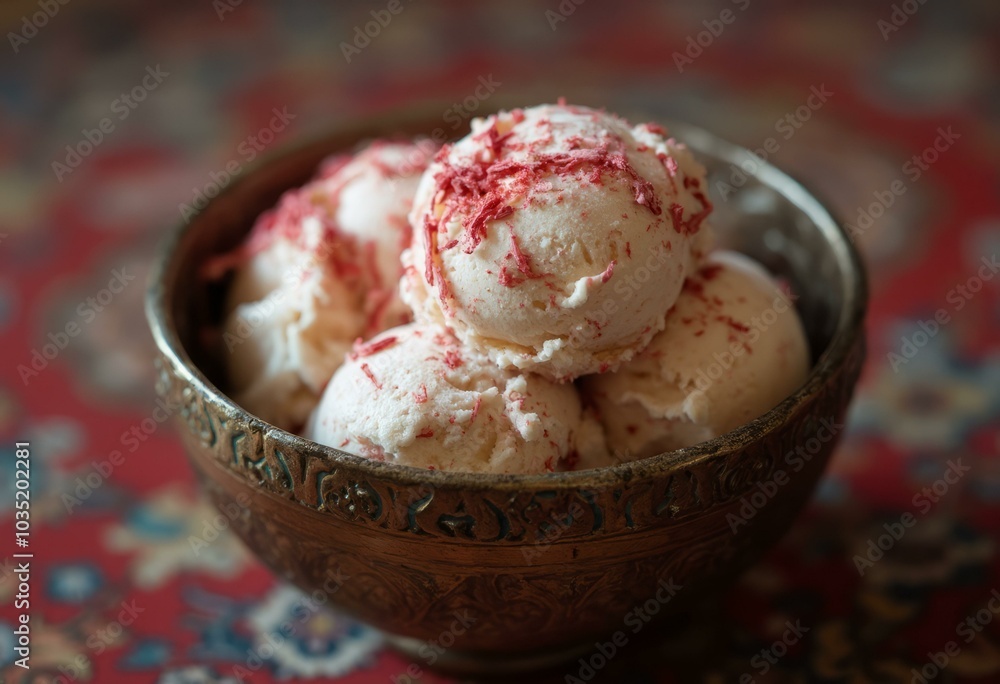 Bowl of Ice Cream with Red Sprinkles on Ornate Tablecloth Bowl of Ice Cream with Red Sprinkles on Ornate Tablecloth