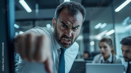 Angry manager yelling at employee. Mad boss pointing finger at bad office worker. Businessman screaming with fury and frustration. photo