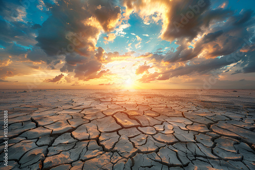A panoramic view of cracked earth under the sunset sky, symbolizing the lack of water on land with a dry and barren landscape, Generative AI