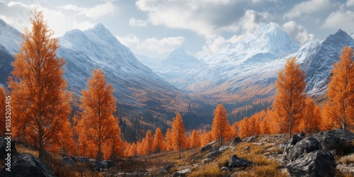 Autumn Mountain Valley with Golden Larch Trees and Towering Snowy Peaks Under a Clear Sky