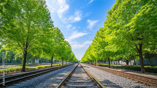 Railway tracks stretching into the distance, surrounded by lush green trees and clear blue sky, creating depth and perspective in a serene natural landscape. photo