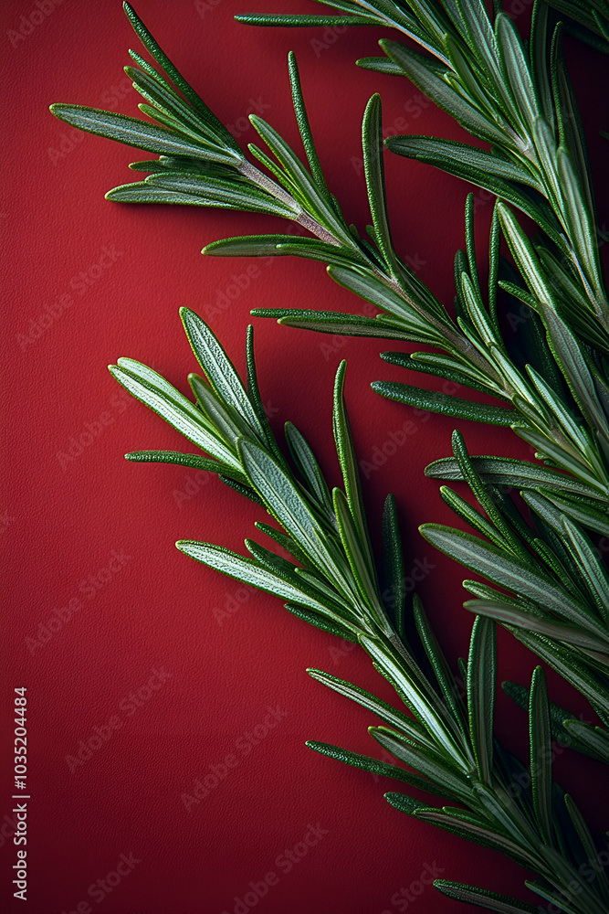 A close-up of fresh rosemary leaves on a vibrant red background, showcasing the herb's rich green color and texture. A close-up of fresh rosemary leaves on a vibrant red background, showcasing the herb's rich green color and texture.