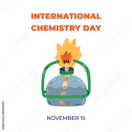 Square cute banner for International Chemistry Day at 15th of November with cartoon laboratory burner with alcohol, rope. Simple holiday concept for poster, background template, website, media.