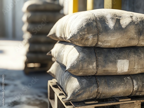 Stacked cement bags on pallets in an industrial setting.