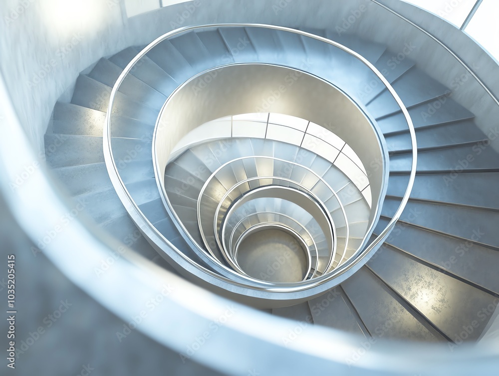 Fototapeta premium Spiral staircase with metal railing, modern architectural design.