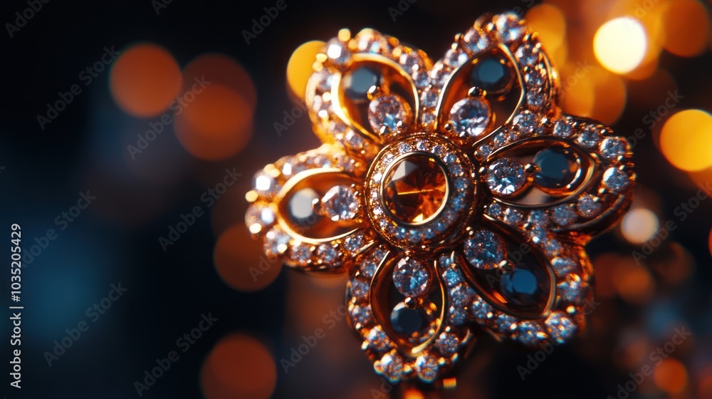 Golden Flower-Shaped Brooch with Gemstones and a Large Center Stone Golden Flower-Shaped Brooch with Gemstones and a Large Center Stone
