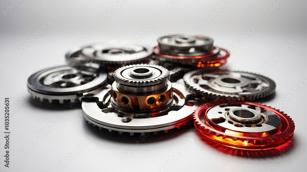 Silver Gear Mechanism in Motion on White Background