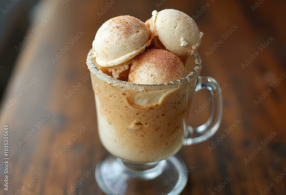 Glass Mug Filled With Creamy Beverage And Vanilla Ice Cream Glass Mug Filled With Creamy Beverage And Vanilla Ice Cream