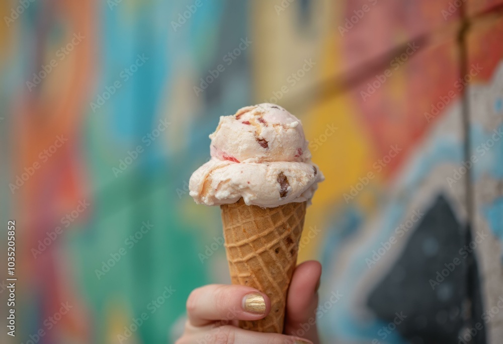 Hand Holding Ice Cream Cone Against Colorful Graffiti Backdrop Hand Holding Ice Cream Cone Against Colorful Graffiti Backdrop