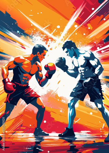 Dynamic Boxing Match Illustration: Fighters Exchanging Punches