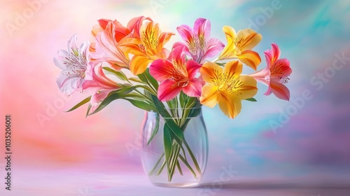 A Bouquet of Multicolored Alstroemeria Flowers in a Clear Glass Vase