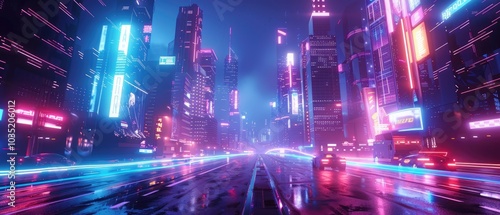 Neon-lit cityscape with glowing streets and towering buildings. photo