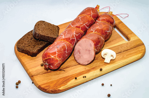 Tasty sausages and vegetables isolated over solid background
