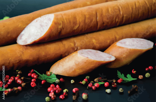 Tasty sausages and vegetables isolated over solid background