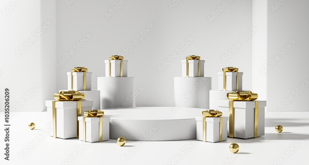 white podium with gold gift box on white background, showcase product, discount, christmas concept, 3d render white podium with gold gift box on white background, showcase product, discount, christmas concept, 3d render