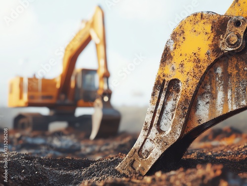 Close-up of excavator bucket on construction site, focus on metal detail. photo