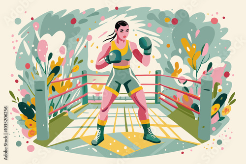 Female Boxer Training in Ring with Vibrant Abstract Background