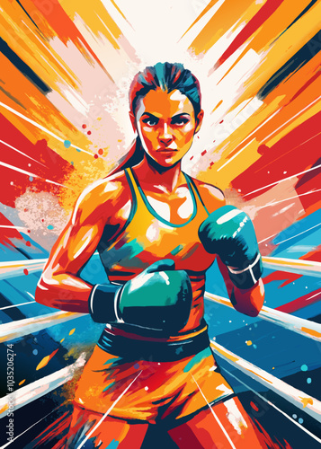Dynamic Female Boxer Ready for Action in the Ring