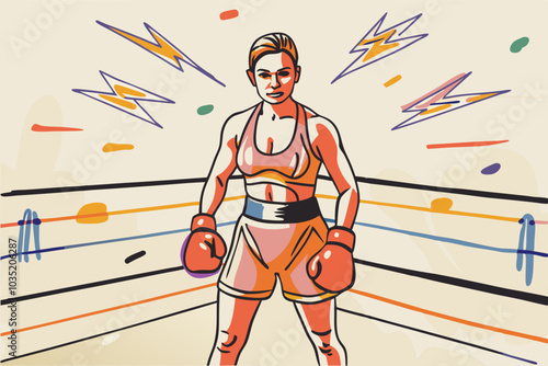 Female Boxer Ready to Fight in Ring with Dynamic Background