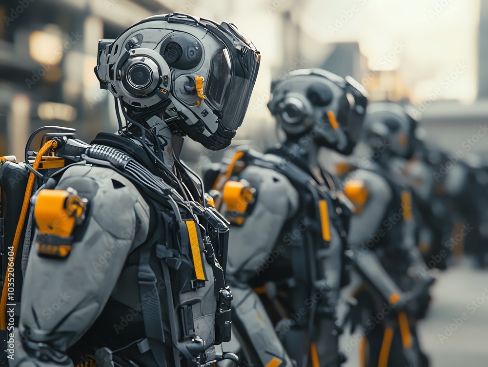 Row of futuristic robots standing in an urban setting, technological advancement. Row of futuristic robots standing in an urban setting, technological advancement.