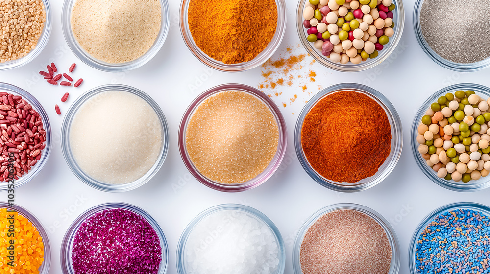 A diverse collection of spices, sugar, and colorful ingredients is arranged in clear glass bowls on a bright white surface, showcasing various textures and hues. A diverse collection of spices, sugar, and colorful ingredients is arranged in clear glass bowls on a bright white surface, showcasing various textures and hues.
