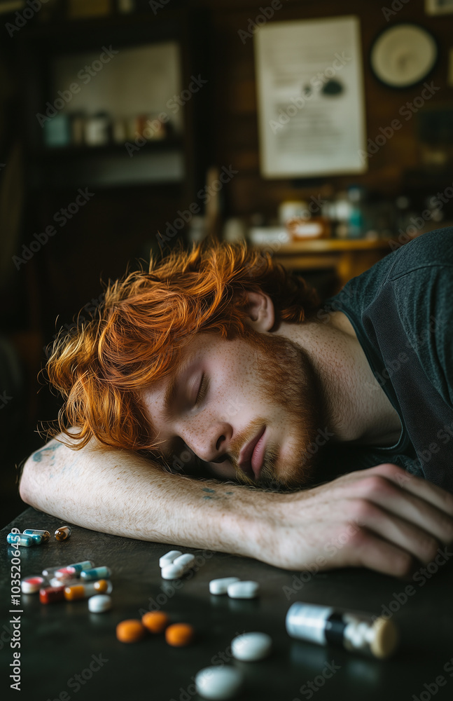 Young caucasian red hair man sleeping on the table with drugs and pills nearby in the living room at home Young caucasian red hair man sleeping on the table with drugs and pills nearby in the living room at home