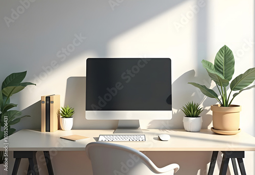 Modern computer with blank screen on desk, space for design. Comfortable workplace 