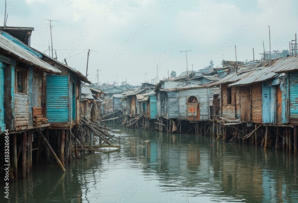 Waterfront Community With Houses Built On Stilts Over Water Waterfront Community With Houses Built On Stilts Over Water