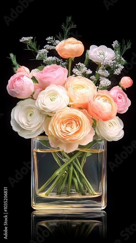 A rectangular perfume bottle filled with roses and ranunculus, on a black background, high-resolution photography, product design photography, focus stacking, in the style of Camille Hosteltein