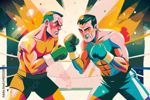 Intense Boxing Match Illustration: Fighters, Ring, and Dynamic Colors