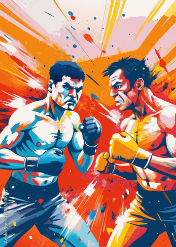 Dynamic Boxing Match Illustration - Intense Fight Scene with Colorful Background