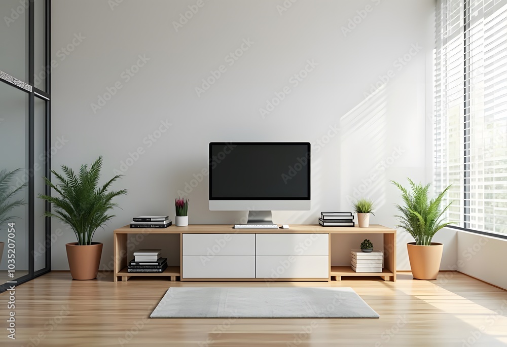 Modern computer with blank screen on desk, space for design. Comfortable workplace

