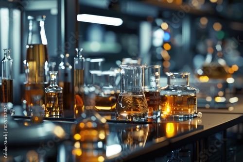 A collection of bottles and glasses on a bar counter