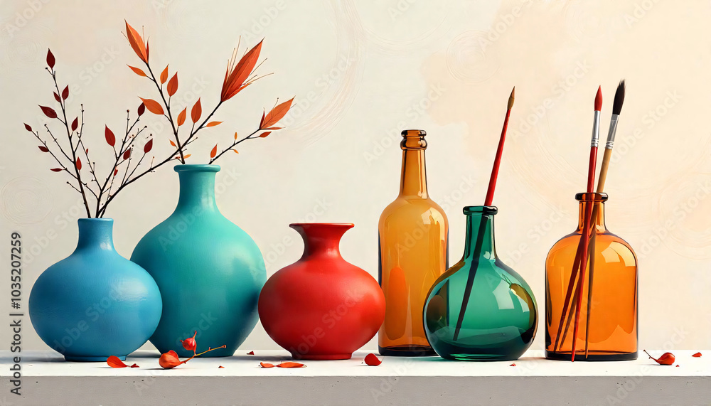 Colorful abstract still life with various vases, bottles, and brushes against a textured background Colorful abstract still life with various vases, bottles, and brushes against a textured background