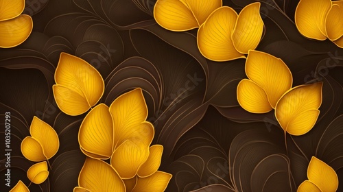 a seamless pattern of symmetrical waves and swirls, in shades of yellow with hints of green, reminiscent of Chinese wood carvings.